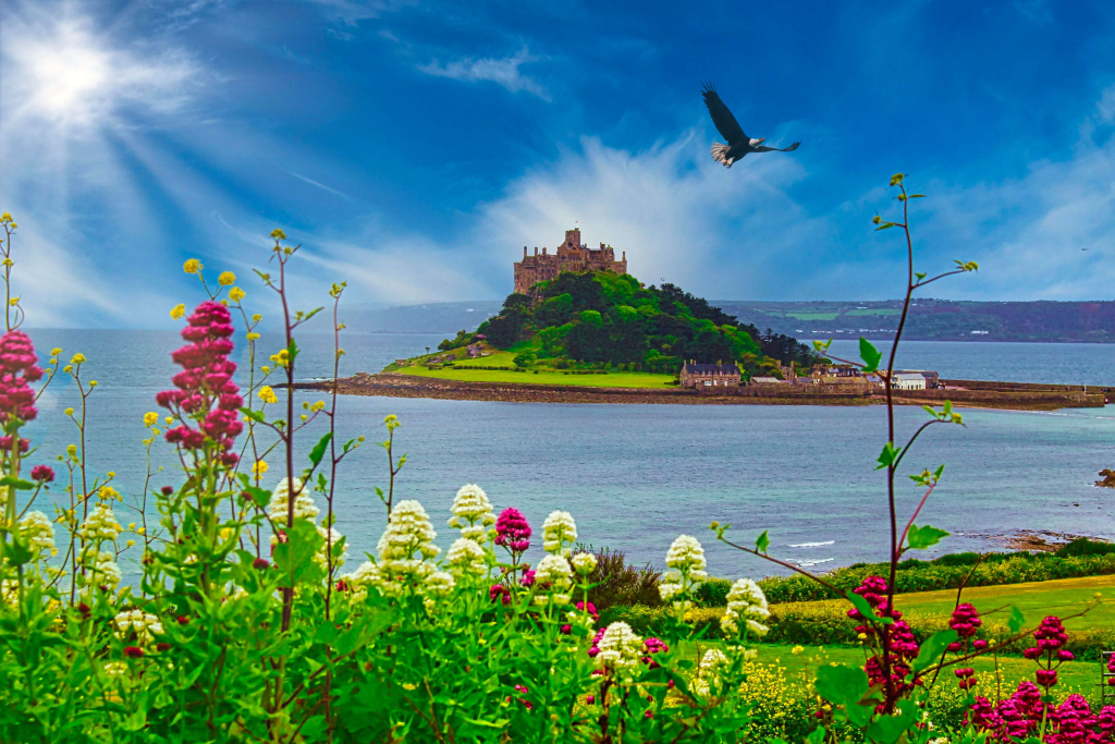 Bunte Blumen vor einer Küstenlandschaft mit Burgruine in Südengland.